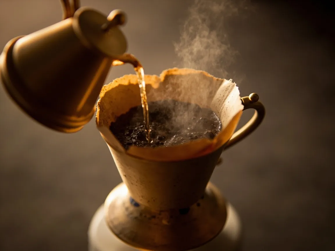 Traditional brass filter with hot filter coffee being poured