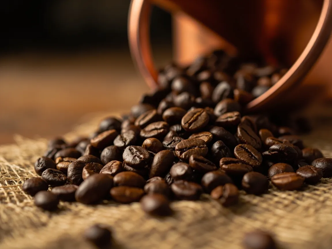 Coffee beans on burlap with copper filter in background