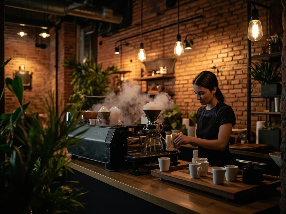 Warm cozy specialty coffee shop interior, exposed brick, pendant lights